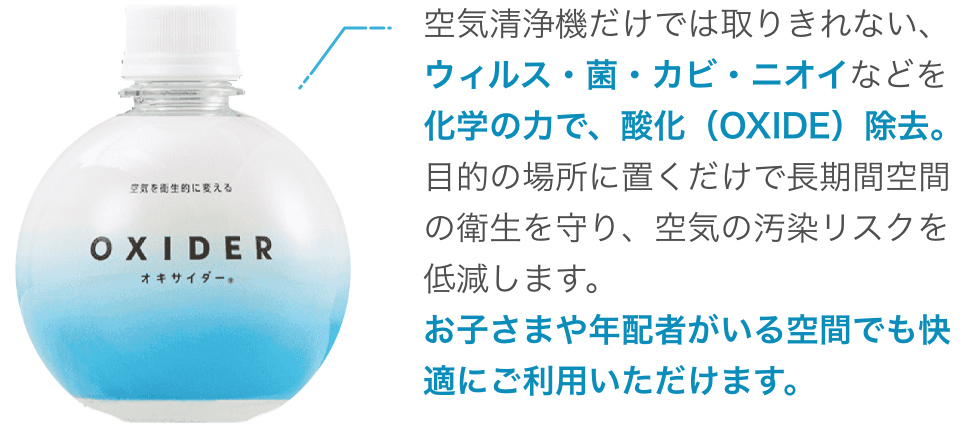 空気清浄機だけでは取りきれない、ウィルス・菌・カビ・ニオイなどを化学の力で、酸化（OXIDE）除去。空気の汚染リスクを低減します。